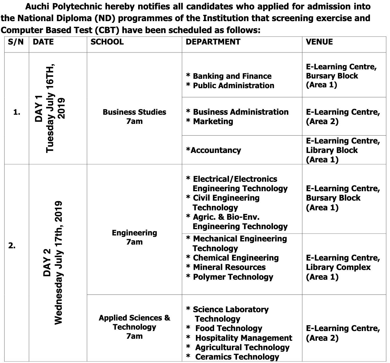 Auchi Polytechnic Post UTME  2019 Screening Time Table