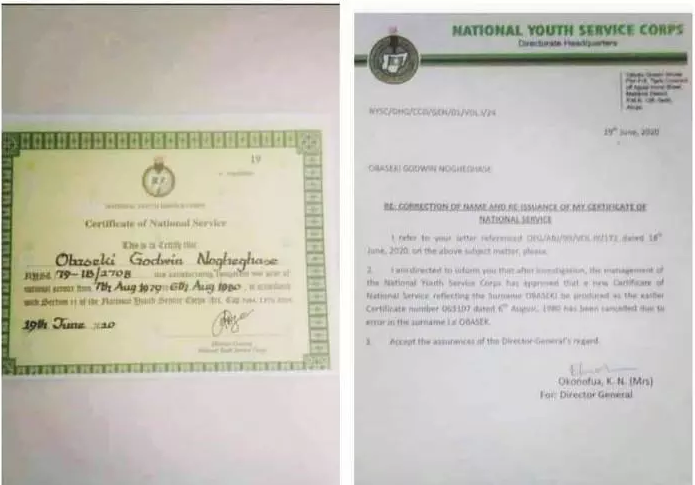 Victory For Obaseki As NYSC Issues Him A New Certificate