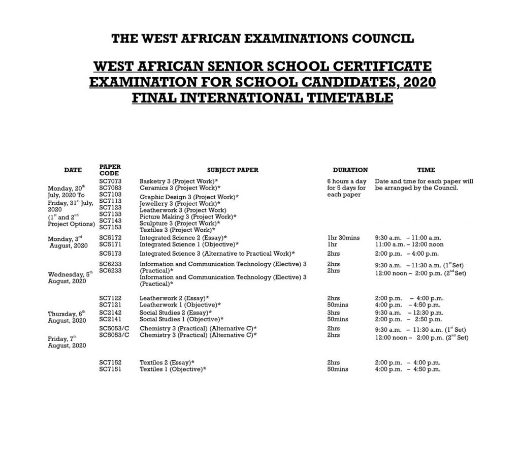 Download WAEC 2020 Timetable PDF 1