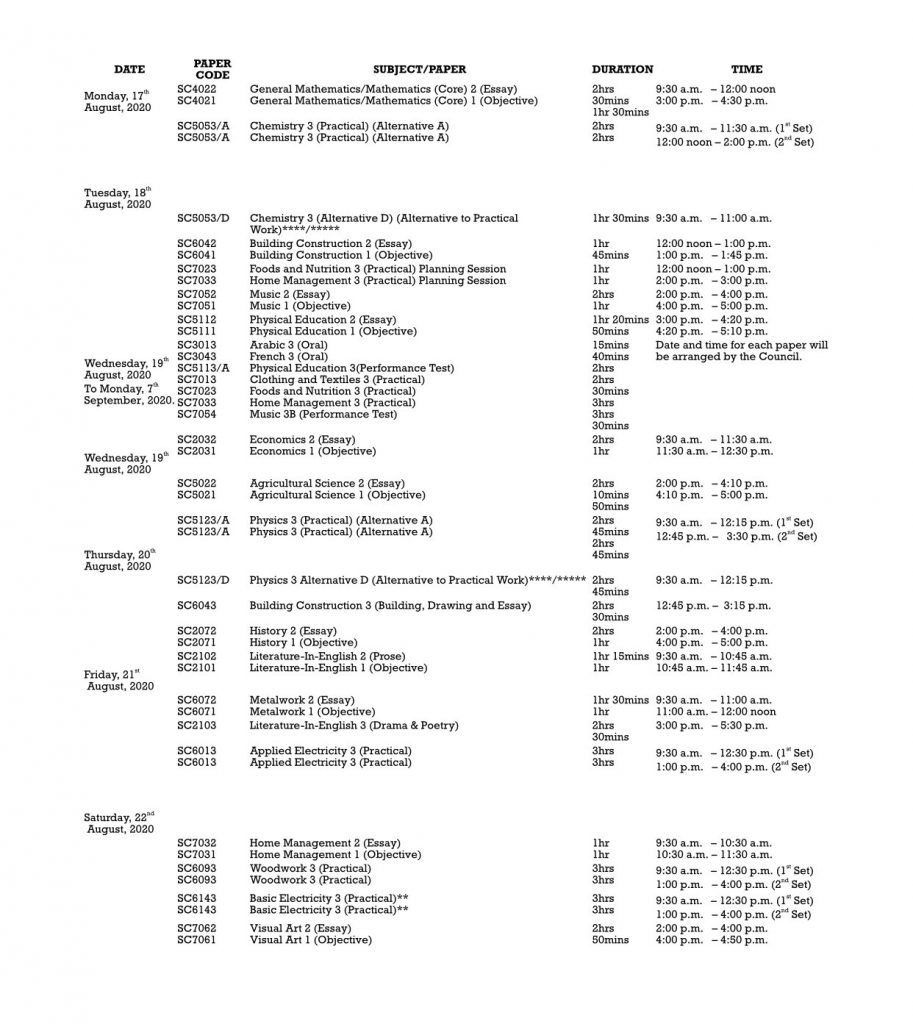 Download WAEC Timetable 2020 PDF 