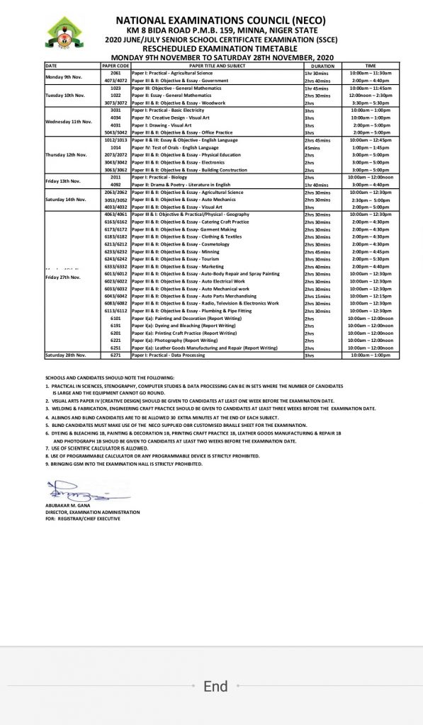 NECO New Timetable 2020 Released (View full timetable) 1