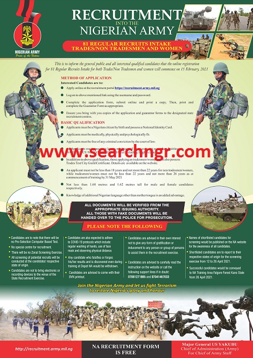 Nigerian Army Recruitment 2021 Begins - to apply go to recruitment.army.mil.ng