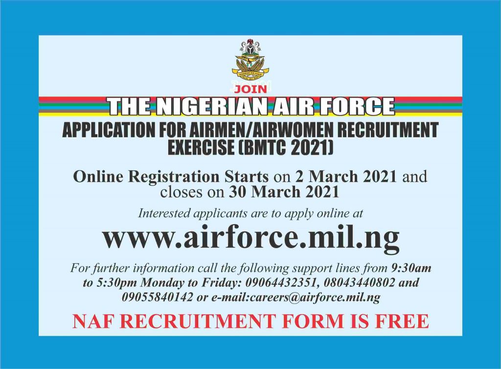 Apply for Nigerian Airforce BMTC Recruitment 2021 (Application Guidelines)