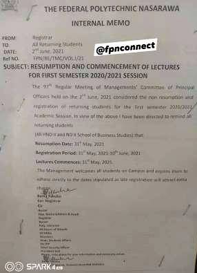 Federal Poly Nasarawa notice on 1st semester resumption, 2020/2021 2