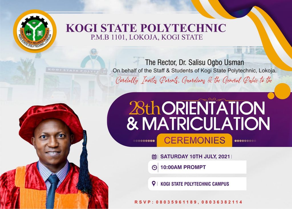 Kogi State Polytechnic (KSP) 28th Orientation & Matriculation Ceremonies Schedule for 2020/2021 New Intake 2