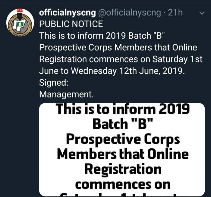 The National Youths Service Corps (NYSC) has announced that the 2019 Batch B registration has been officially postponed to Saturday 1st June to Wednesday 12th June 2019.