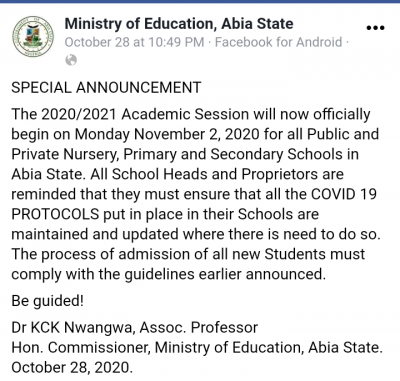 Abia State Announces Resumption of Schools