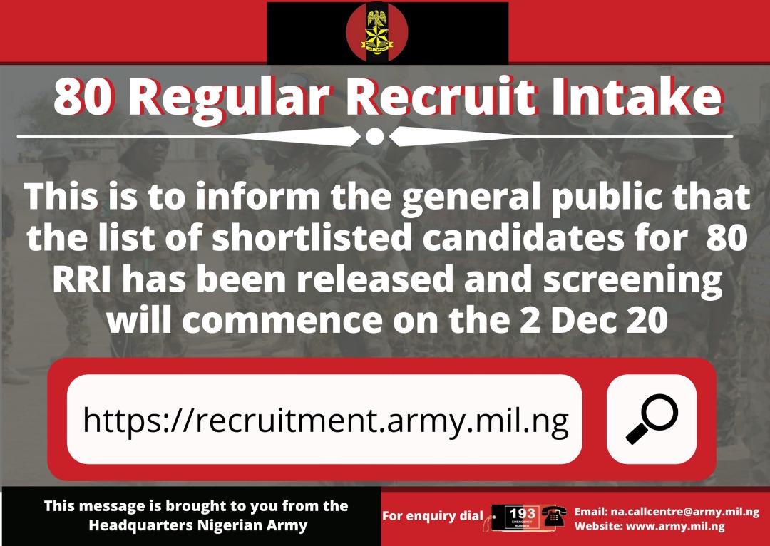 Nigerian Army 80 RRI Shortlisted Names Released (Download PDF)