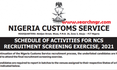 NCS Recruitment: Nigeria Customs Service Announces Date for Screening Exercise, 2021 (See Shortlisted Names PDF)