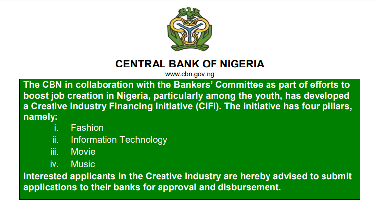 Apply for Ongoing CBN Creative Industry Loan 2021