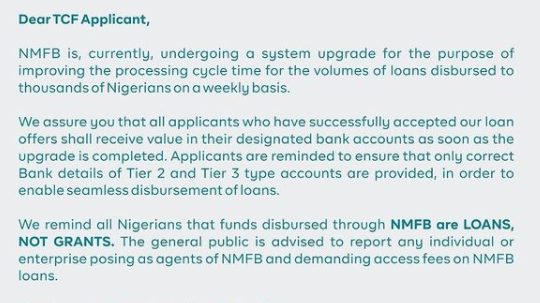 NIRSAL: Important Notice to TCF Applicants on Delay in disbursement