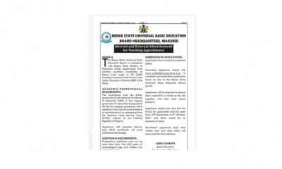 Benue State SUBEB Teachers Recruitment 2021 Begins