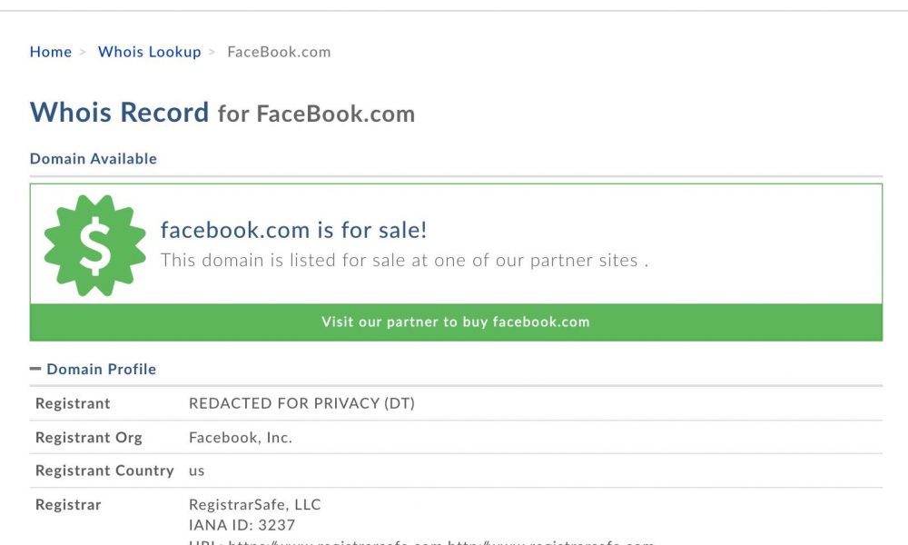 WhatsApp - Facebook Domain Stolen (facebook.com marked for Sale)