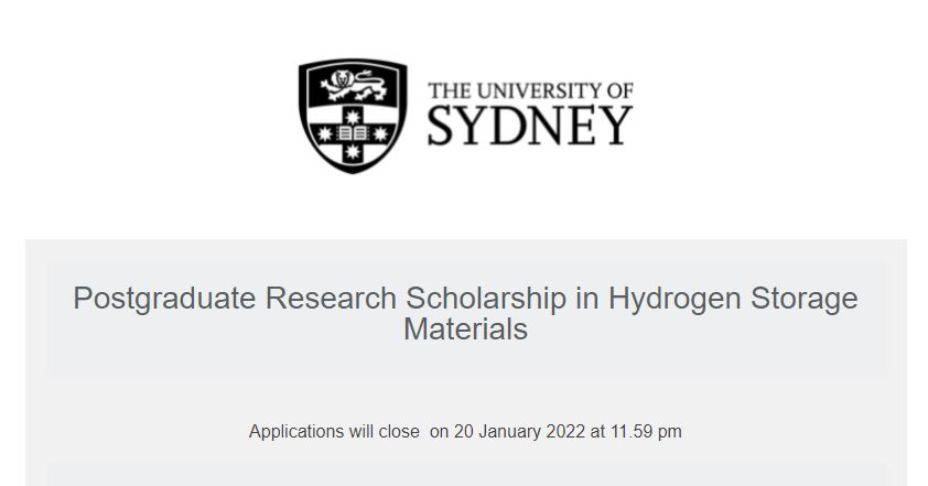 Sydney Postgraduate Research Scholarship 2022 in Hydrogen Storage Materials