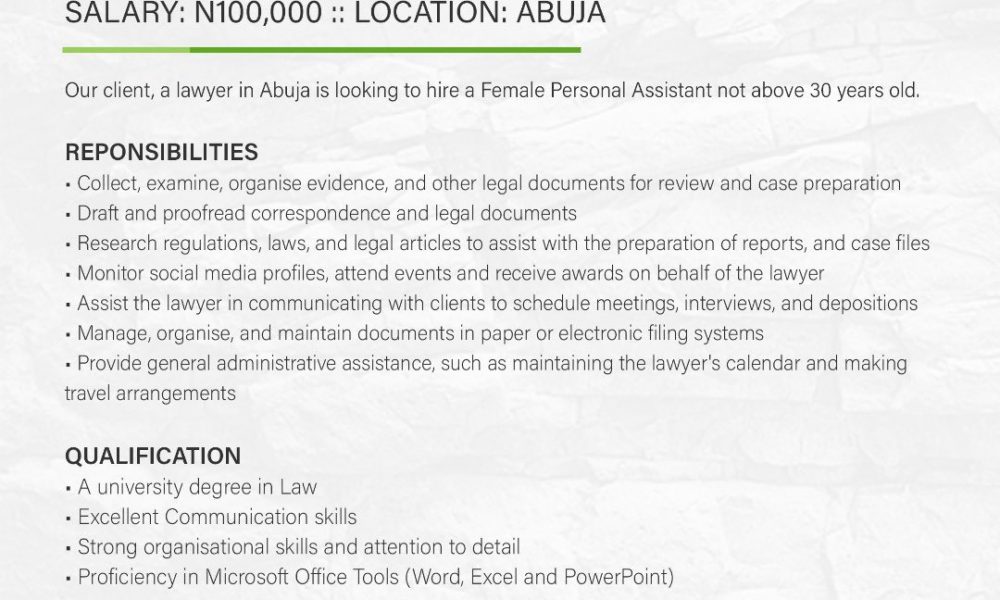 BDTDHUB: Female Personal Assistant Needed in Abuja -Salary: N100,000