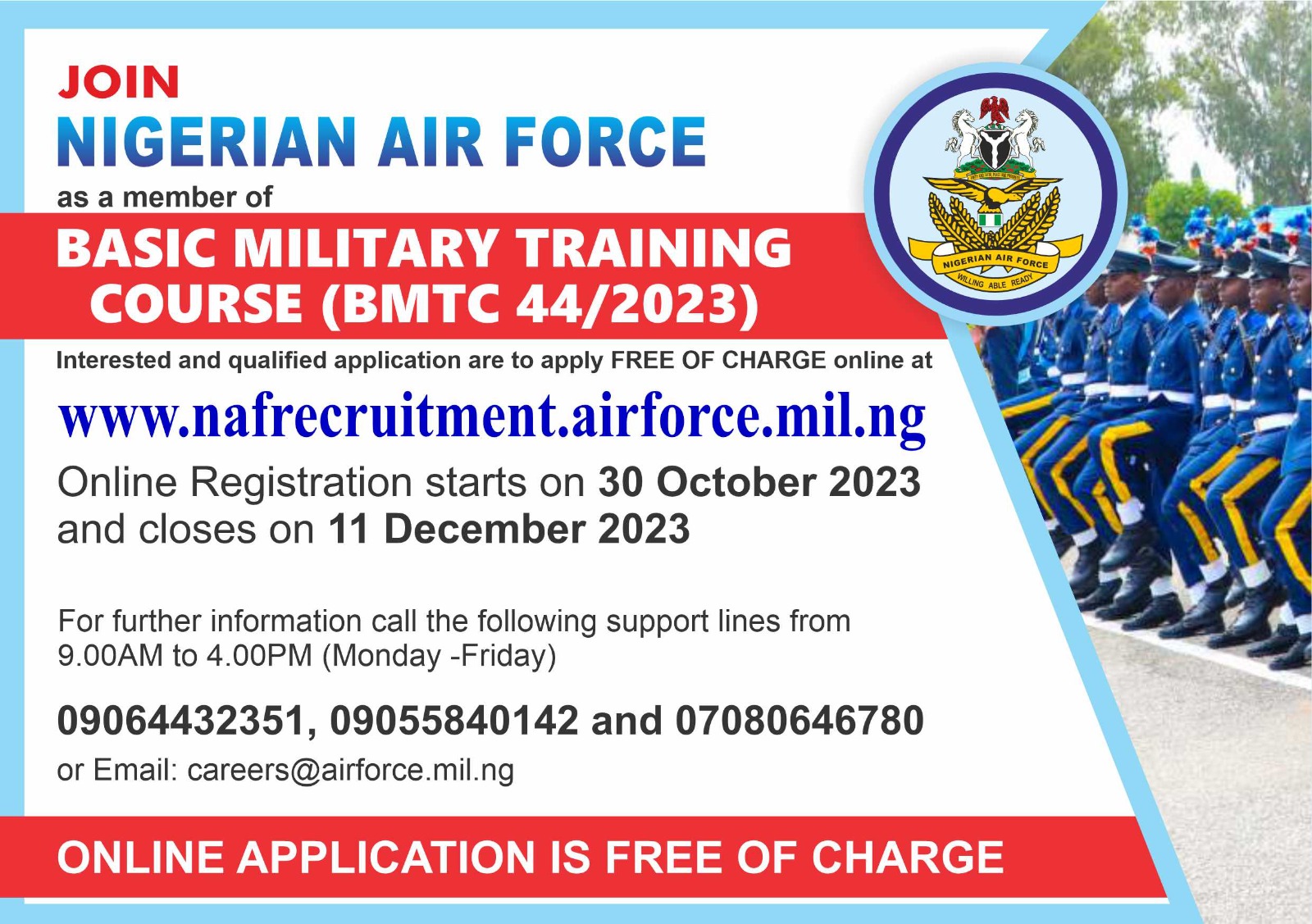 Nigerian Air Force Recruitment 2023: Basic Military Training Course (BMTC 44/2023)