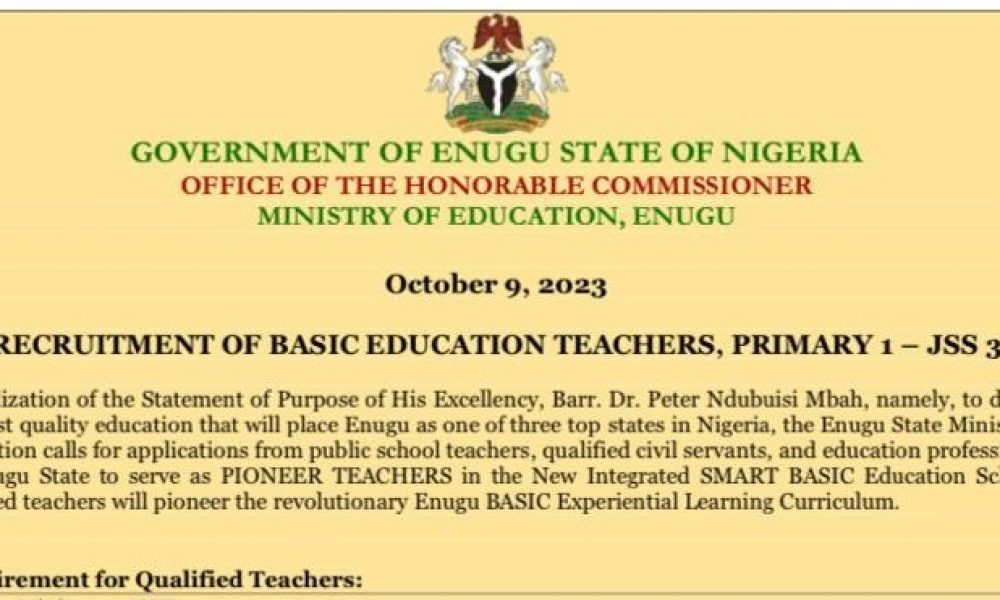 Enugu State Ministry of Education Recruitment for Basic Education Teachers 2023