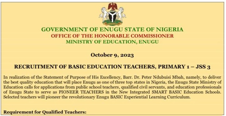 Enugu State Ministry of Education Recruitment for Basic Education Teachers 2023