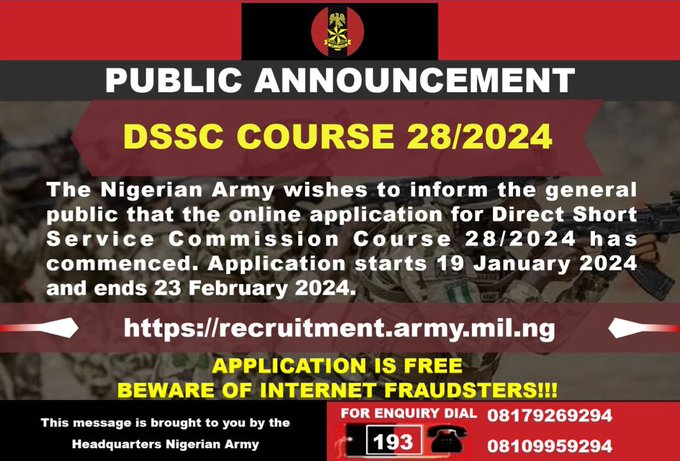 Nigerian Army DSSC Recruitment 2024 Begins - Apply